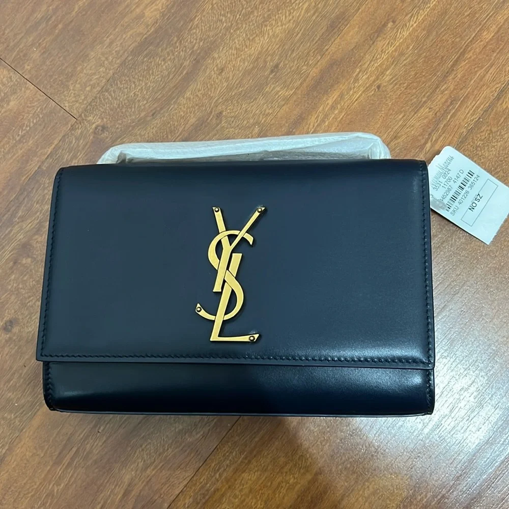 New YSL Yves Saint Laurent Kate Flap Navy Leather & Gold Chain - Picture 5 of 17